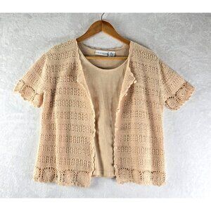 VTG Crochet Cardigan Set Cream Croft & Barrow Petite L Knit Shell Cottage Boho Y